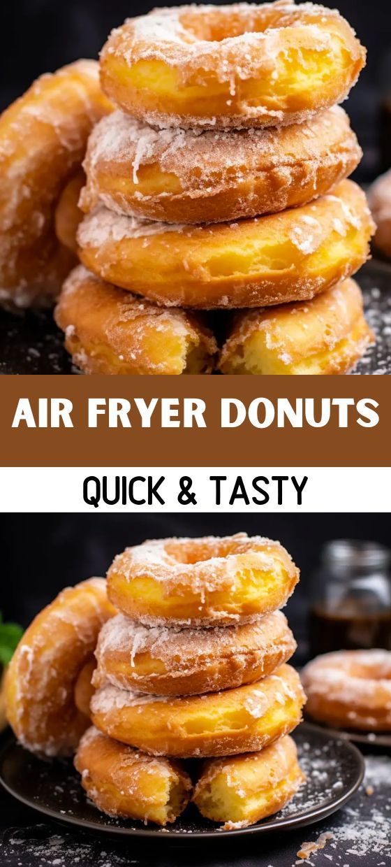 there are several different types of doughnuts stacked on top of each other with the words air fryer donuts quick and tasty