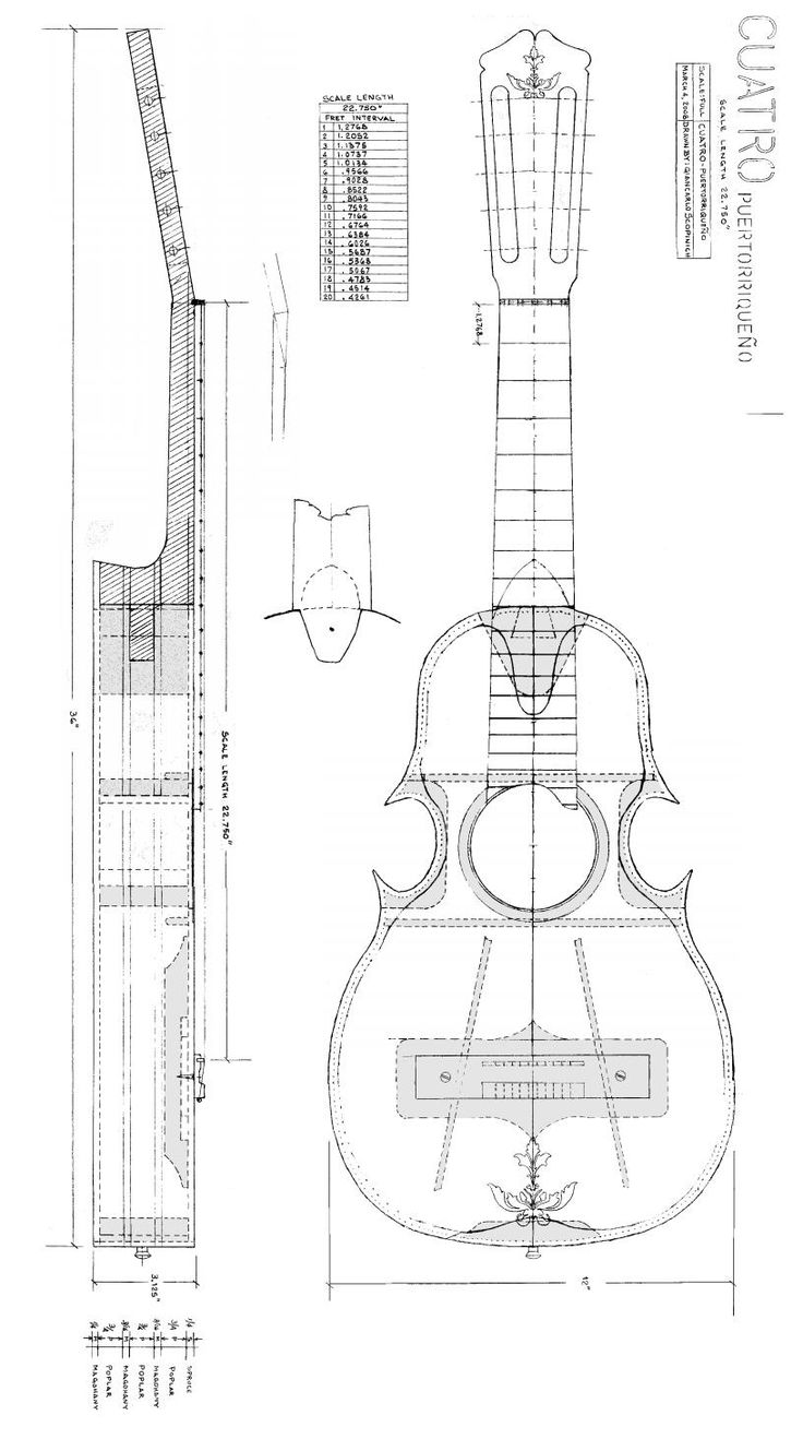 a drawing of an acoustic guitar with its body cut out and parts shown in the diagram