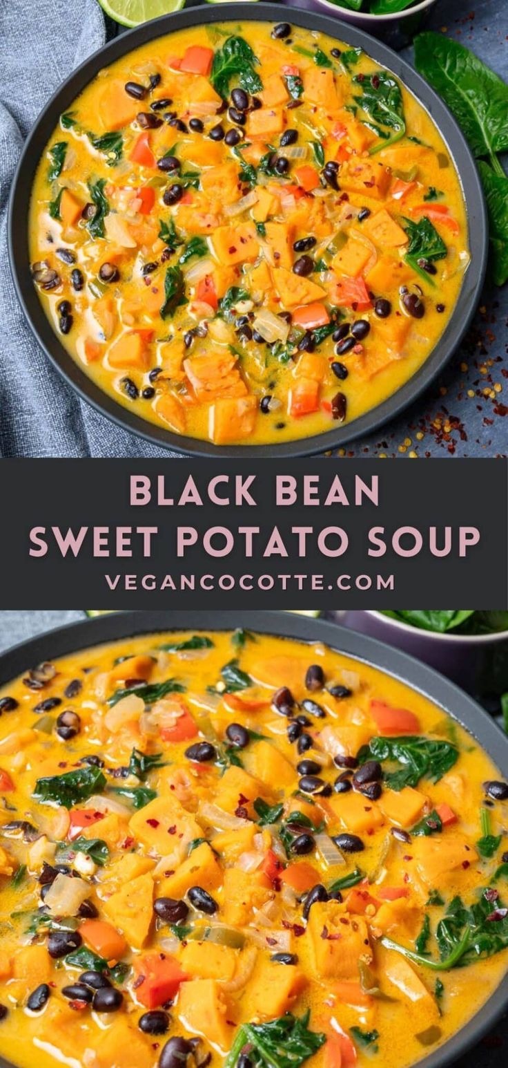 black bean and sweet potato soup in a pan with spinach leaves on the side