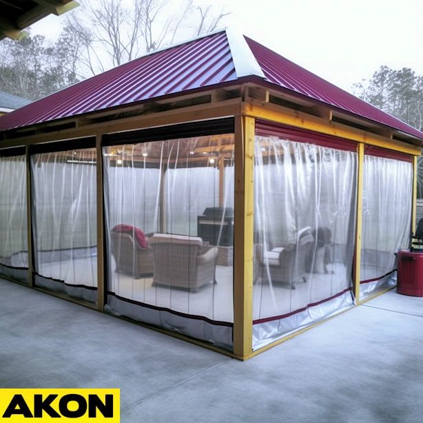 a covered patio area with chairs and curtains