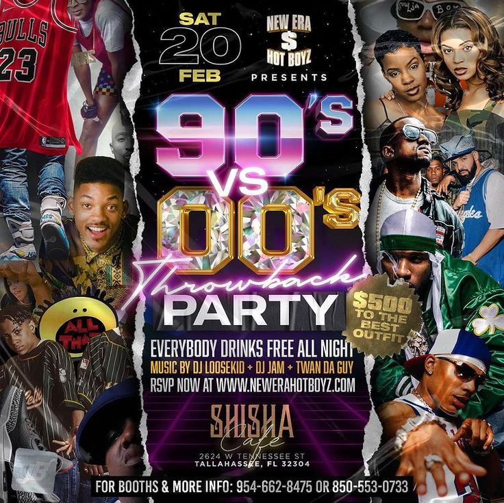 an event flyer for the 90's party with various photos and text on it