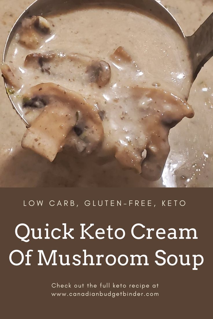 a spoon full of cream with mushrooms in it and the words quick keto cream of mushroom soup