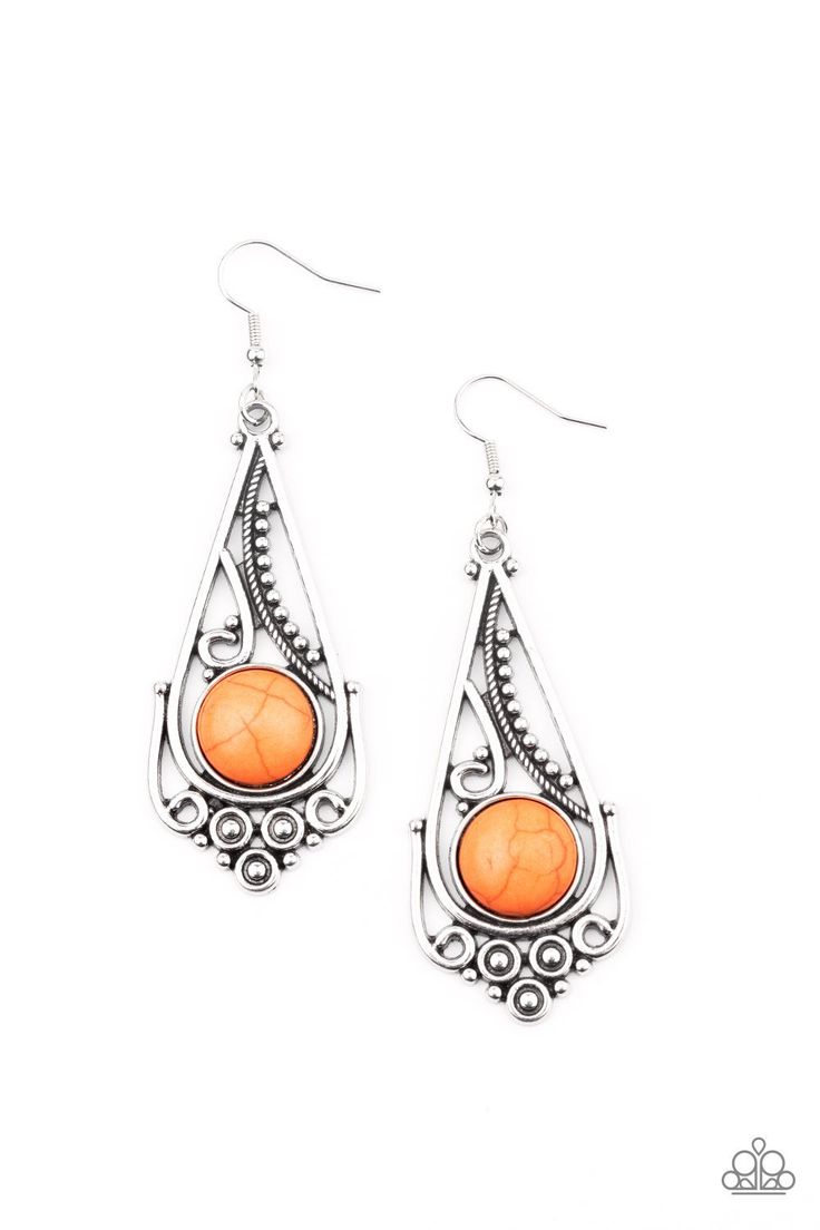 A round orange stone is pressed into the bottom of a decorative silver teardrop featuring studded and filigree textures. Earring attaches to a standard fishhook fitting. Sold as one pair of earrings. Aluminum Earrings, Easy Jewelry, Orange Stone, Orange Earrings, Fish Hook Earrings, Paparazzi Accessories, Paparazzi Jewelry, Fish Hook, Diamond Pattern