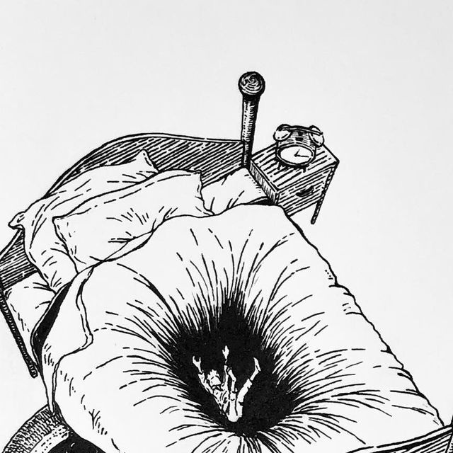 a black and white drawing of a large flower on a table with two chairs around it