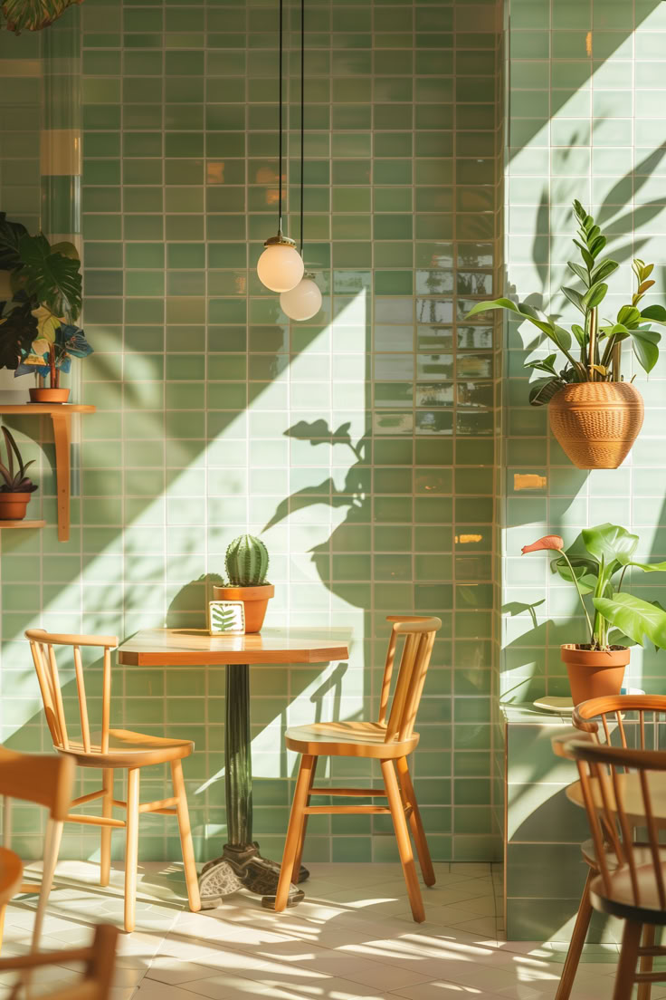 two wooden chairs sitting at a table with potted plants on the wall behind them