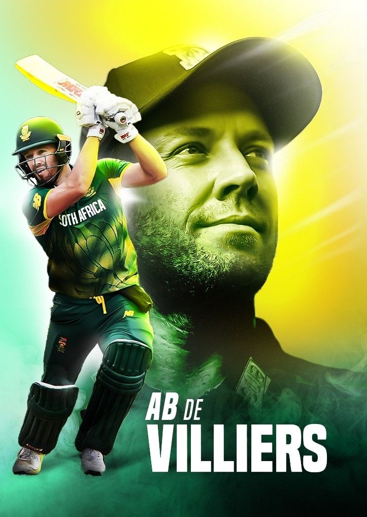 a man holding a baseball bat in front of a green and yellow background with the words ab de villiers on it