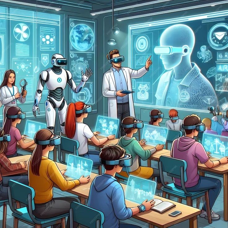 a group of people sitting at desks in front of laptops with robots on them