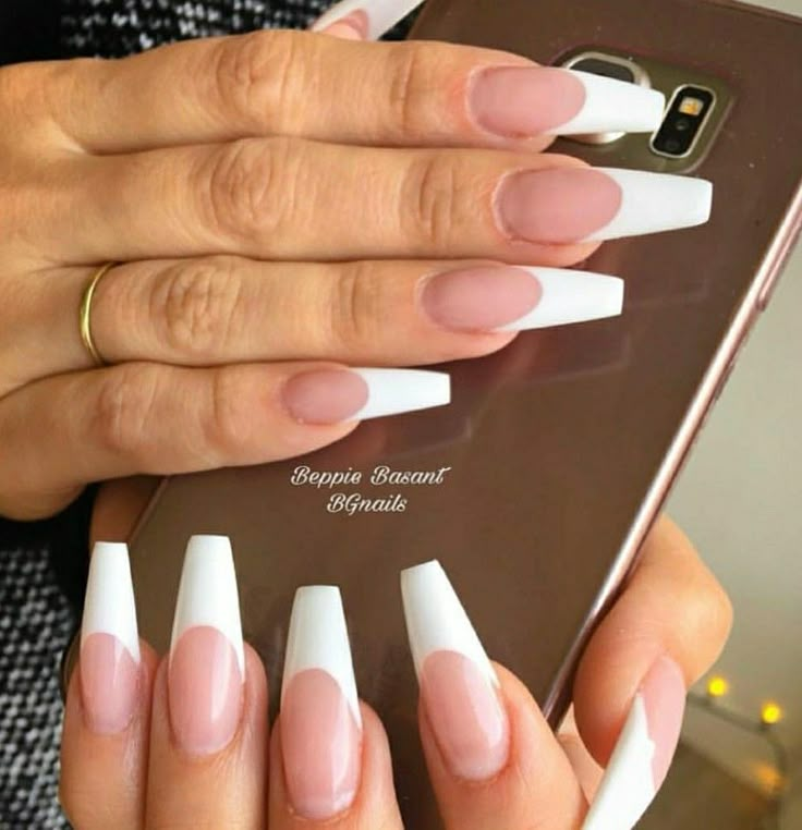 Long Coffin White French Tip Nails, Square French Tip Acrylic Nails Coffin, French Tip Gel X Nails Long, French Tips Coffin Long, French Tip Nails Different Shapes, French Manicure Long Nails Coffin, Long Acrylic Nails Ballerina Shape, Long White Tip Nails, White Tip Coffin Acrylic Nails