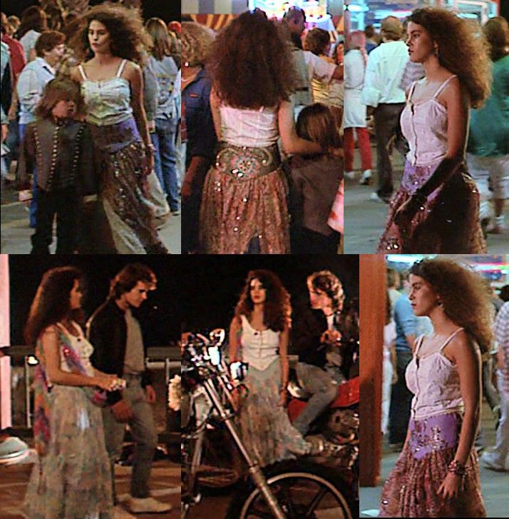 several pictures of women in different outfits on the street at night and one woman is standing next to a motorcycle