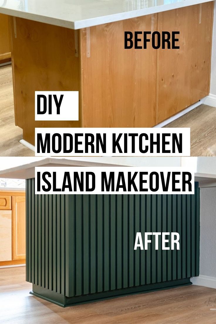 before and after pictures of kitchen island makeover with cabinets in the middle, then painted green