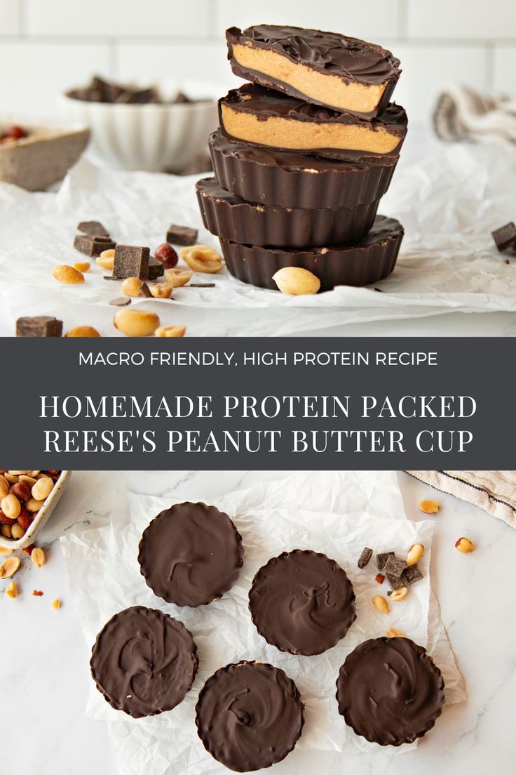 homemade protein packed reese's peanut butter cups are stacked on top of each other