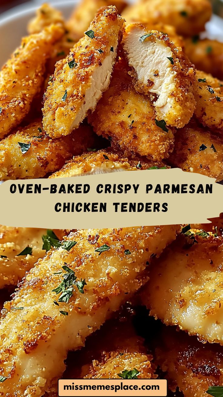 oven - baked crispy parmesan chicken tenders on a white plate with text overlay