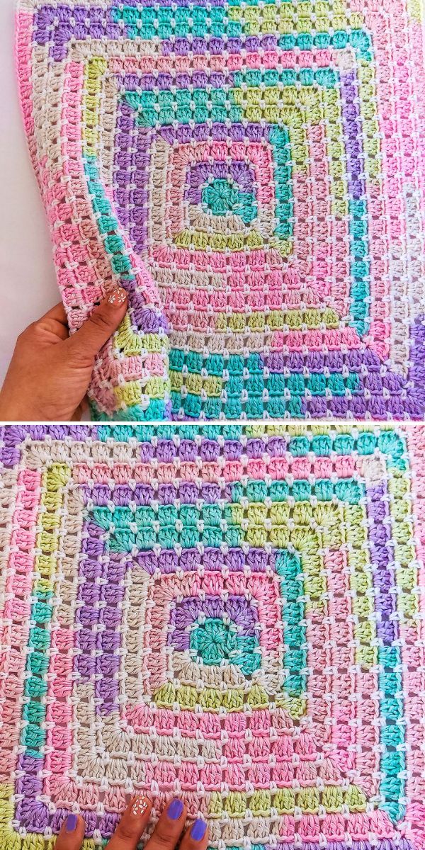 two crocheted squares are shown with hands holding them up to show the same pattern