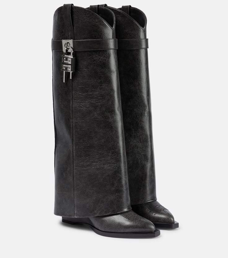 Shark Lock Cowboy Leather Boots in Black - Givenchy | Mytheresa Marta Ortega, Cowboy Carter, Givenchy Shark, Givenchy Boots, Black Leather Knee High Boots, Pre Fall 2023, Heels Aesthetic, Mid Heel Boots, Givenchy Shoes