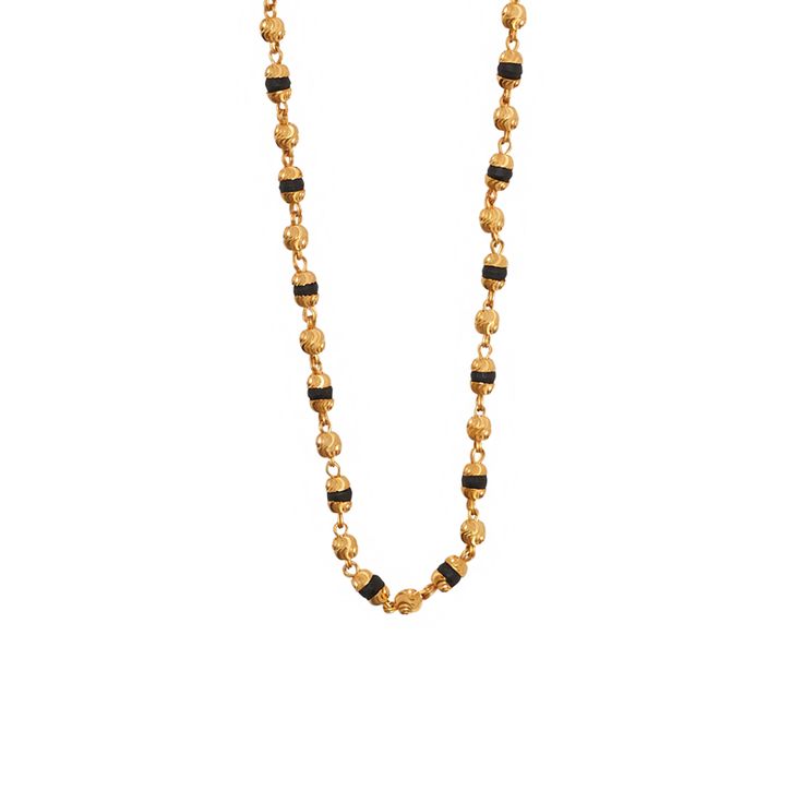 Classic design single strand mangalsutra chain in a mix of yellow and black beads (0.54 grams), handcrafted in 22 karat yellow gold. This everyday wear long slip over the head design is the perfect light-weight jewelry pick.Need a size check? Refer to our necklace size guide. Gold Necklace With Black Beads For Puja, Traditional 22k Gold Necklace With Delicate Chain, Traditional Festive Chain Necklaces, Traditional Gold Necklace With Black Beads, Gold Jewelry With Black Beads For Puja, Gold Long Necklace With Black Beads, Gold Necklace With Black Beads For Festive Occasions, Gold Necklaces With Black Beads Long Shape, Tulsi Mala