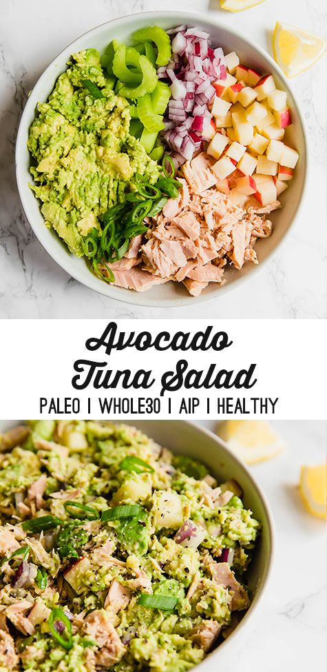 avocado tuna salad in a white bowl with the title above it