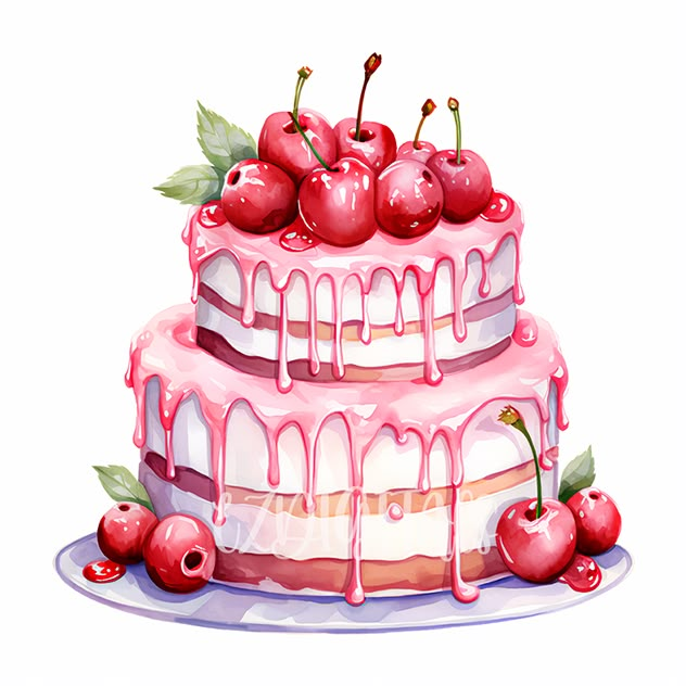 a watercolor painting of a cake with cherries on top