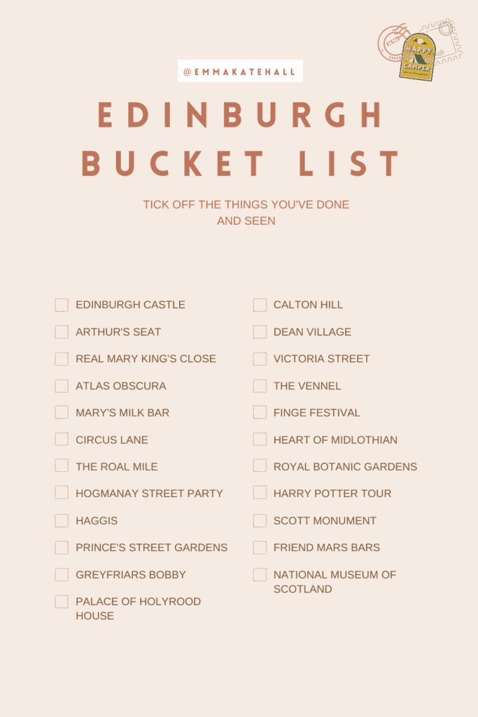 the edinburgh bucket list is shown in pink and white with an orange border around it