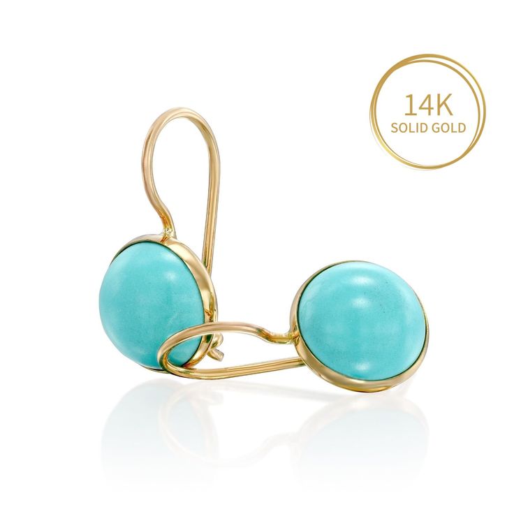 Unique Turquoise Earrings, made of 14K Solid Yellow Gold, Round Shaped, Fine Jewelry for Women, Handmade By AditaGold. These beautiful handmade round turquoise earrings are made of 14K yellow gold and are carefully handcrafted at my workshop in Israel. Turquoise is December's birthstone, and these solid gold turquoise earrings will be perfect for any occasion. They are classic and elegant and will add a beautiful boho chic to a day or evening look. Item details * A pair of earrings. * Material: Turquoise Cabochon Dangle Jewelry, Turquoise Cabochon Drop Earrings, Unique Turquoise Earrings, Silver Bridal Earrings, Silver Chain Earrings, Bezel Earrings, Lapis Lazuli Jewelry, Gemstone Drop Earrings, Bridal Earrings Drop