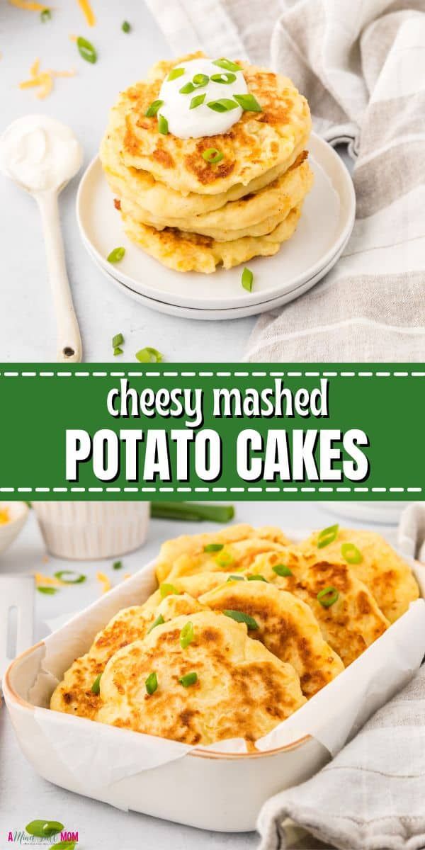 cheesey mashed potato cakes in a white dish