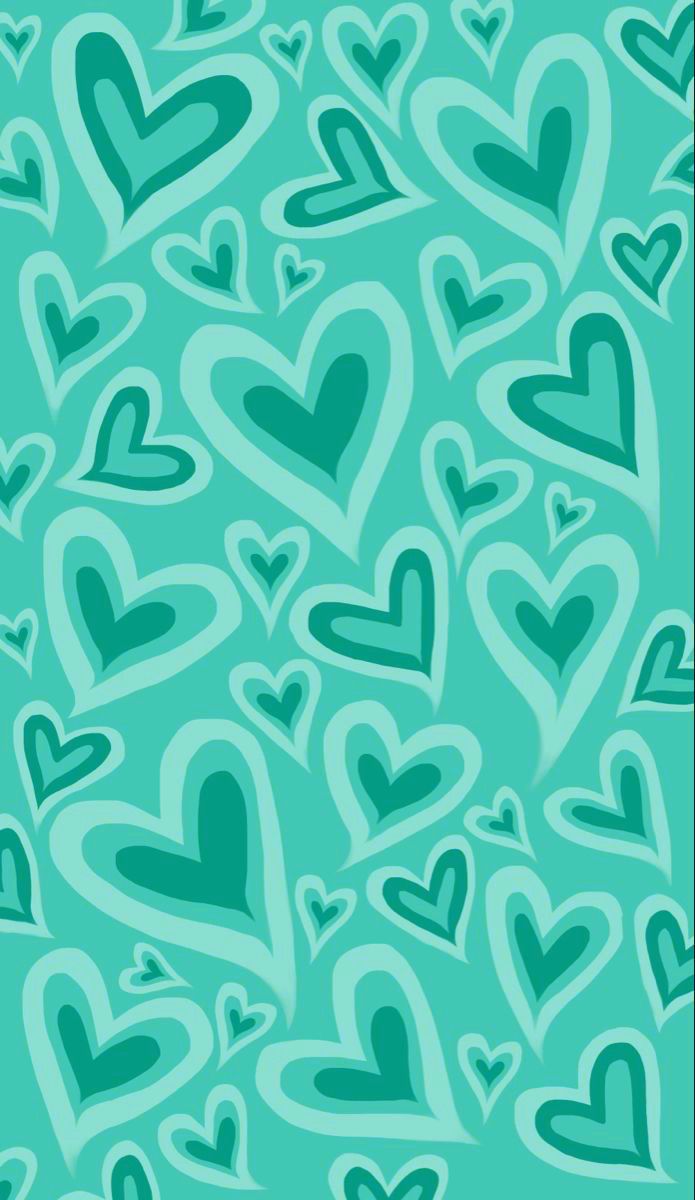 hearts drawn in blue and green on a teal background with white outlines for text