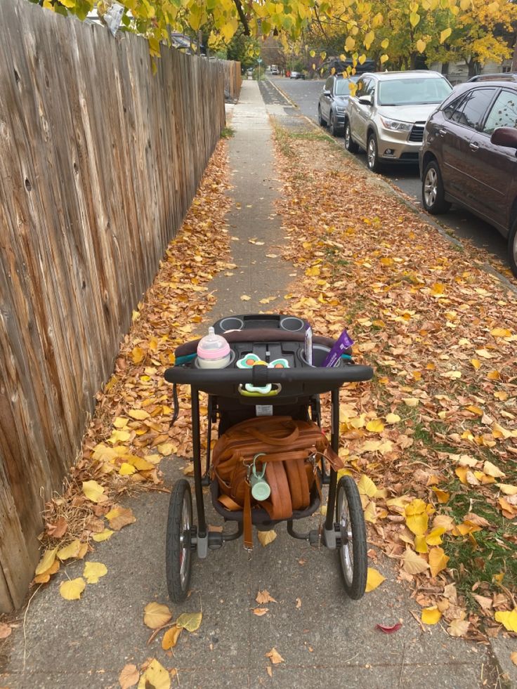 a stroller is parked on the side of a road with leaves all over it