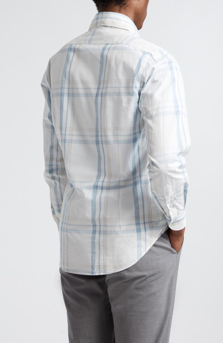 The Italian label brings its signature polish to a timeless button-up patterned with a blown-up plaid and cut from a rich blend of cotton and linen. Front button closure Cutaway collar Long sleeves with button cuffs Curved hem 90% cotton, 10% linen Dry clean Made in Italy Designer Clothing Classic Plaid Linen Shirt, White And Denim, Cutaway Collar, Button Up Shirts, Designer Clothing, Button Up, Dry Clean, Nordstrom, Long Sleeves