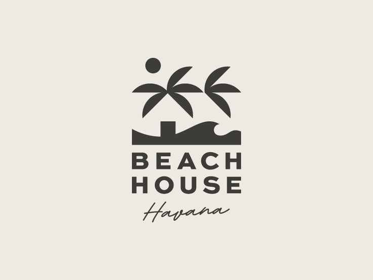 the beach house logo is shown in black on a white background, with palm trees and waves