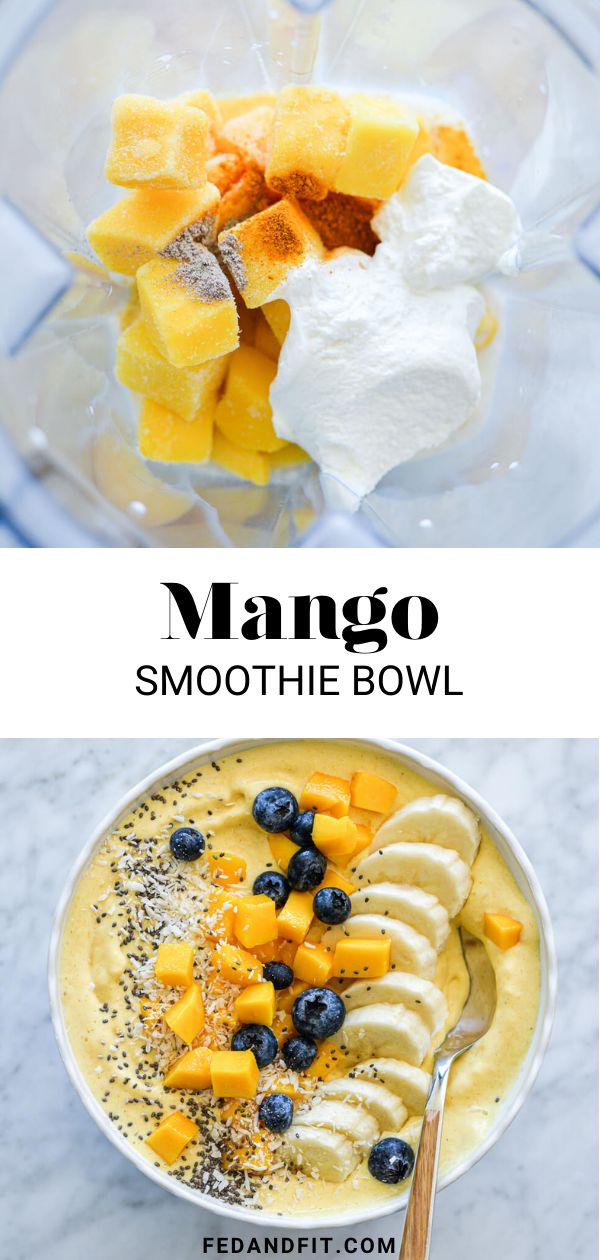 mango smoothie bowl with blueberries, bananas and whipped cream in the bottom photo