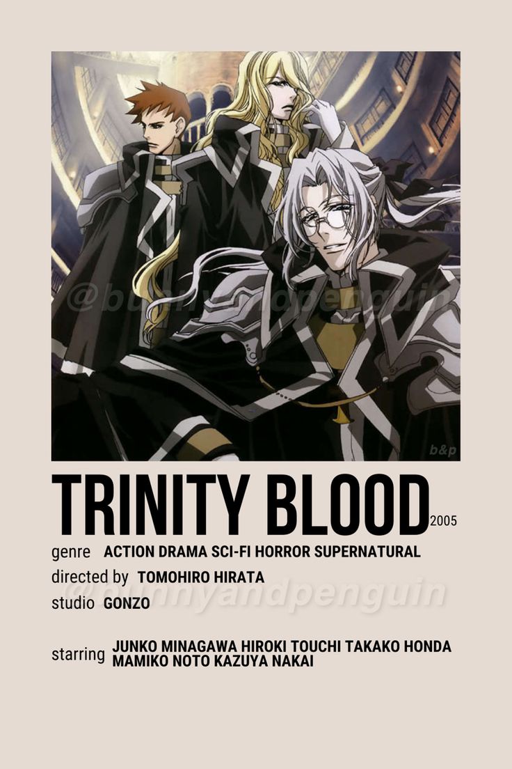 the poster for trinity blood, which features two men in black and white outfits with blonde hair