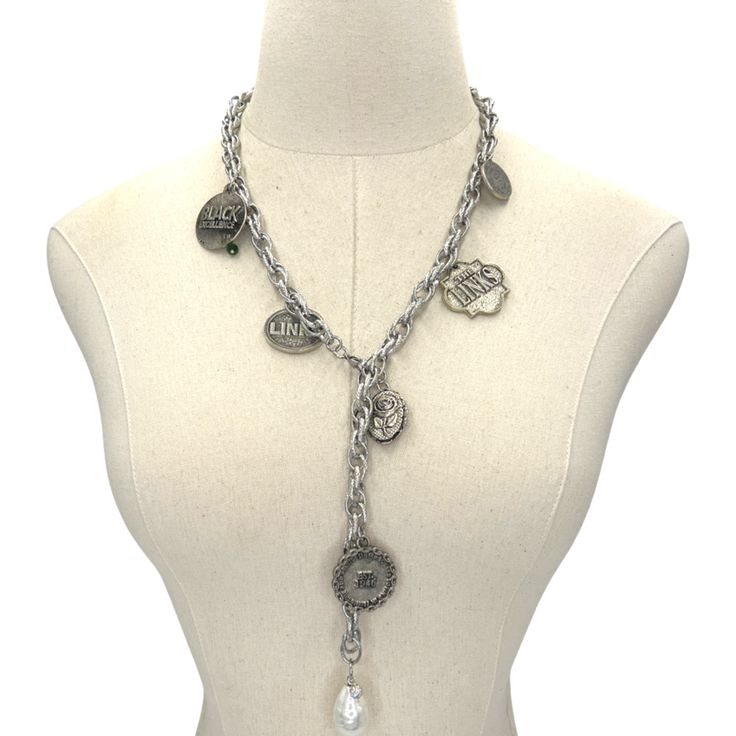 Links Charm Lariat Necklace LINKS Necklaces Cerese D Elegant Metal Necklaces With Dangling Charms, Adjustable Lariat Long Necklace With Chain, Metal Lariat Necklace With Chain, Metal Lariat Necklace With Chain Detail, Silver Chain Lariat Charm Necklace, Silver Lariat Charm Necklace, Metal Lariat Necklace, Silver Chain Lariat Necklace, Silver Lariat Dangle Necklace