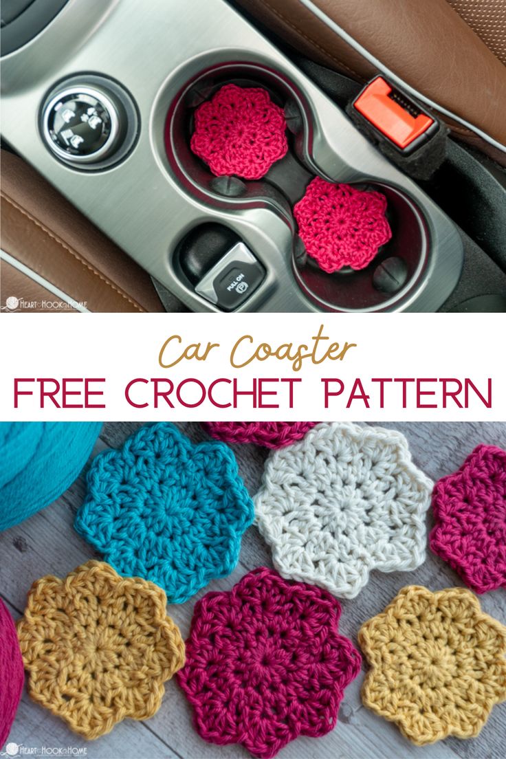 crocheted car coasters with the text free crochet pattern on them