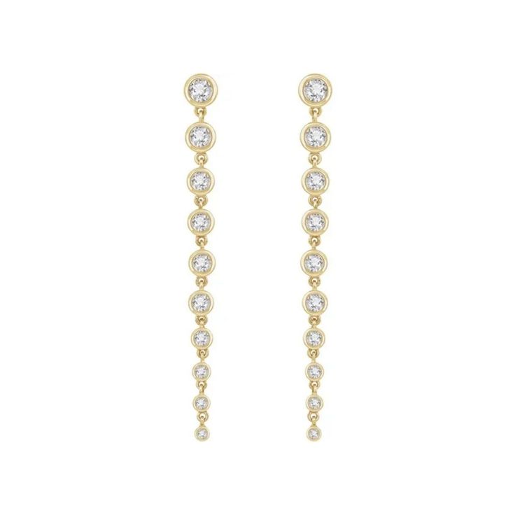 Behold these elegant, timeless diamond dangle earrings that delicately cascade in size! Make a statement with these luxurious earrings, designed to captivate and command attention. Feel the timeless elegance as the diamond sizes gracefully decrease for a stunning, classic look. This item requires appx. 1 week for assembly. 653632 Specifications Weight: 5.14 DWT (7.99 grams) Prong Count: Bezel Earring Back Type Included: Friction Backs Included Earring Type: Dangle Brand Name: Modern Brilliance C Elegant Yellow Gold Drop Diamond Earrings, Classic Diamond Drop Linear Earrings, Timeless Gold Drop Diamond Earrings, Timeless Gold Diamond Drop Earrings, Elegant Yellow Gold Chandelier Earrings With Cubic Zirconia, Timeless Diamond White Drop Earrings, Formal Long Drop Diamond Linear Earrings, Classic Long Drop Diamond Earrings In Cubic Zirconia, Timeless Diamond Dangle Linear Earrings