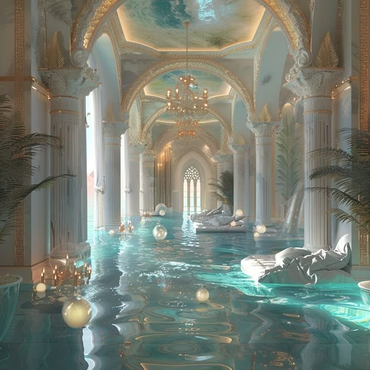 an indoor swimming pool in the middle of a building with columns and chandeliers