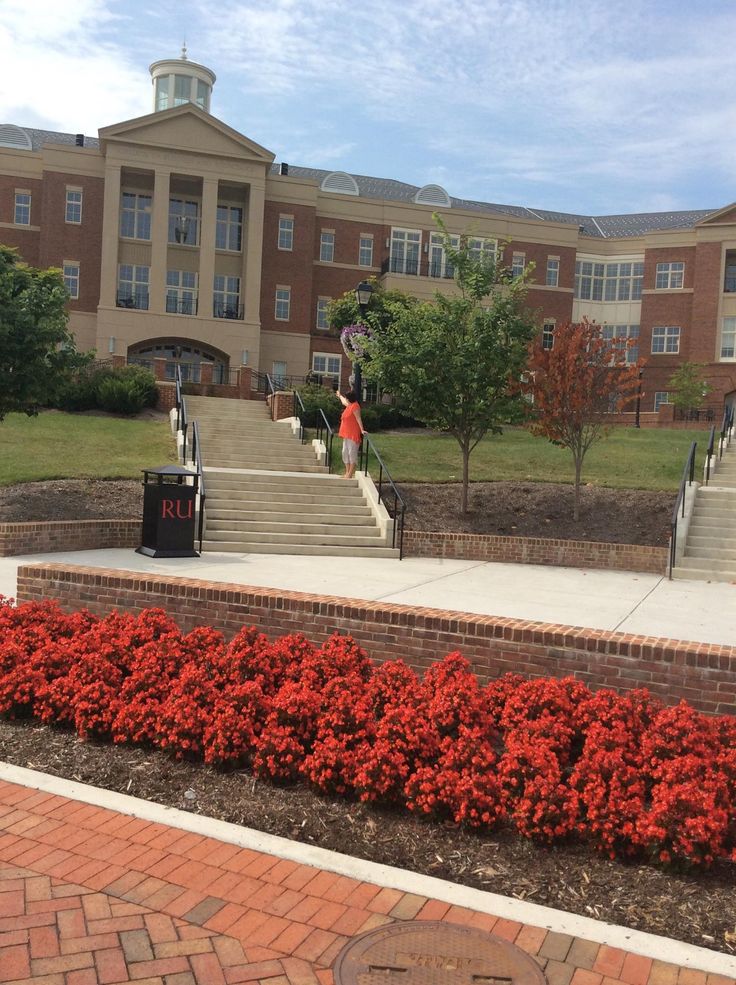 red flowers in front of a brick building with stairs leading up to the top floor