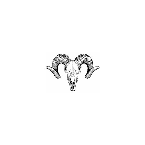 a ram's head with large horns is drawn in black ink on a white background