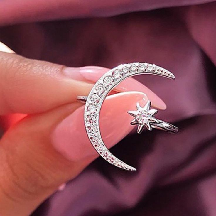 Adjustable Ring. Cz And Silver Alloy Moon And Star Ring, Simulated Diamond Rings, Adjustable Jewelry, Moon Ring, Silver Jewelry Rings, Silver Moon, Star Ring, Fashion Ring, Moon Star