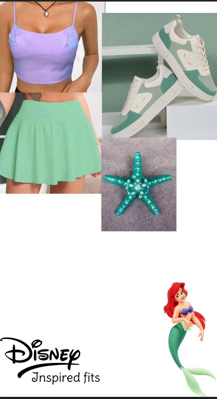 the little mermaid is wearing green and white tennis shoes, while she's holding her hand on her hip