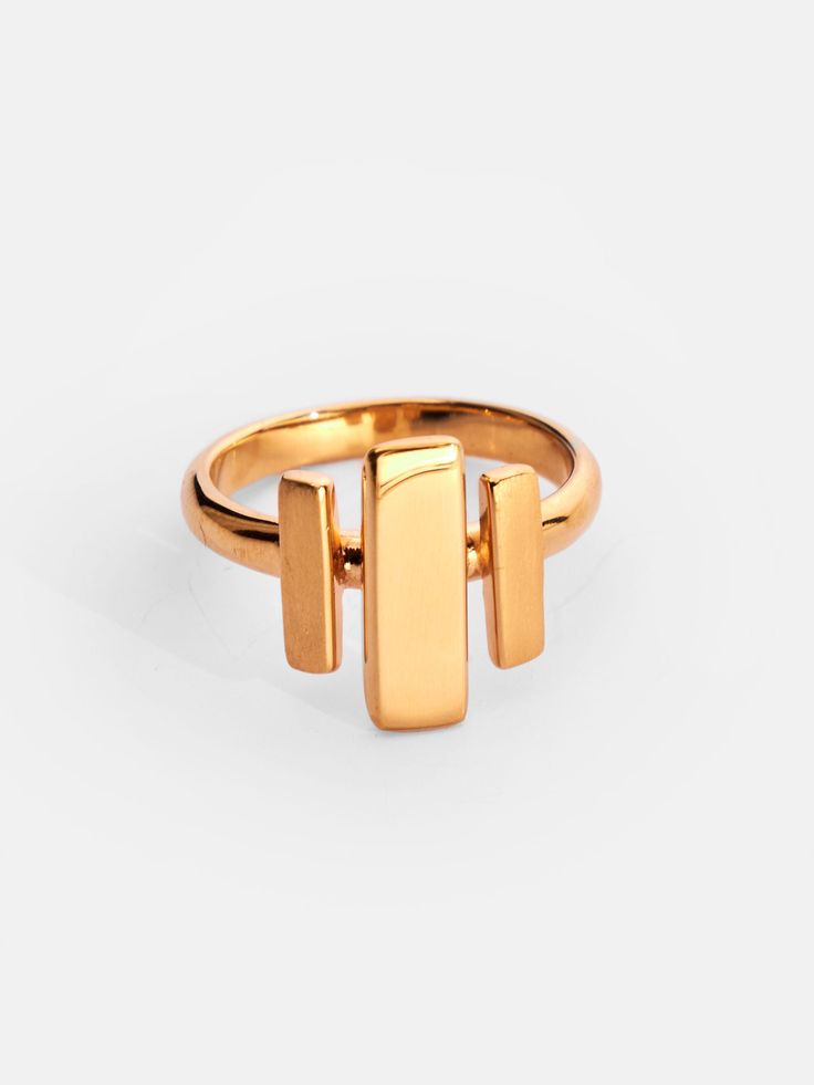 Elevate your daily style with this 24k gold plated ring, featuring a striking geometric design with both high polish and brushed matte finishes. The rectangular shapes add to the overall modern and structured look of the piece. Crafted from recycled brass, it combines sustainability with a sleek but simple art-deco style. Center Accent: 0.19in x 0.59in (5mm x 15mm) Side Accents: 0.11in x 0.39in (3mm x 10mm) Modern Gold Signet Ring, Gold Rectangular Modernist Signet Ring, Modernist Gold Rectangular Signet Ring, Bar Ring, Daily Style, Plated Ring, Gold Plated Rings, Simple Art, Pop Up Shop