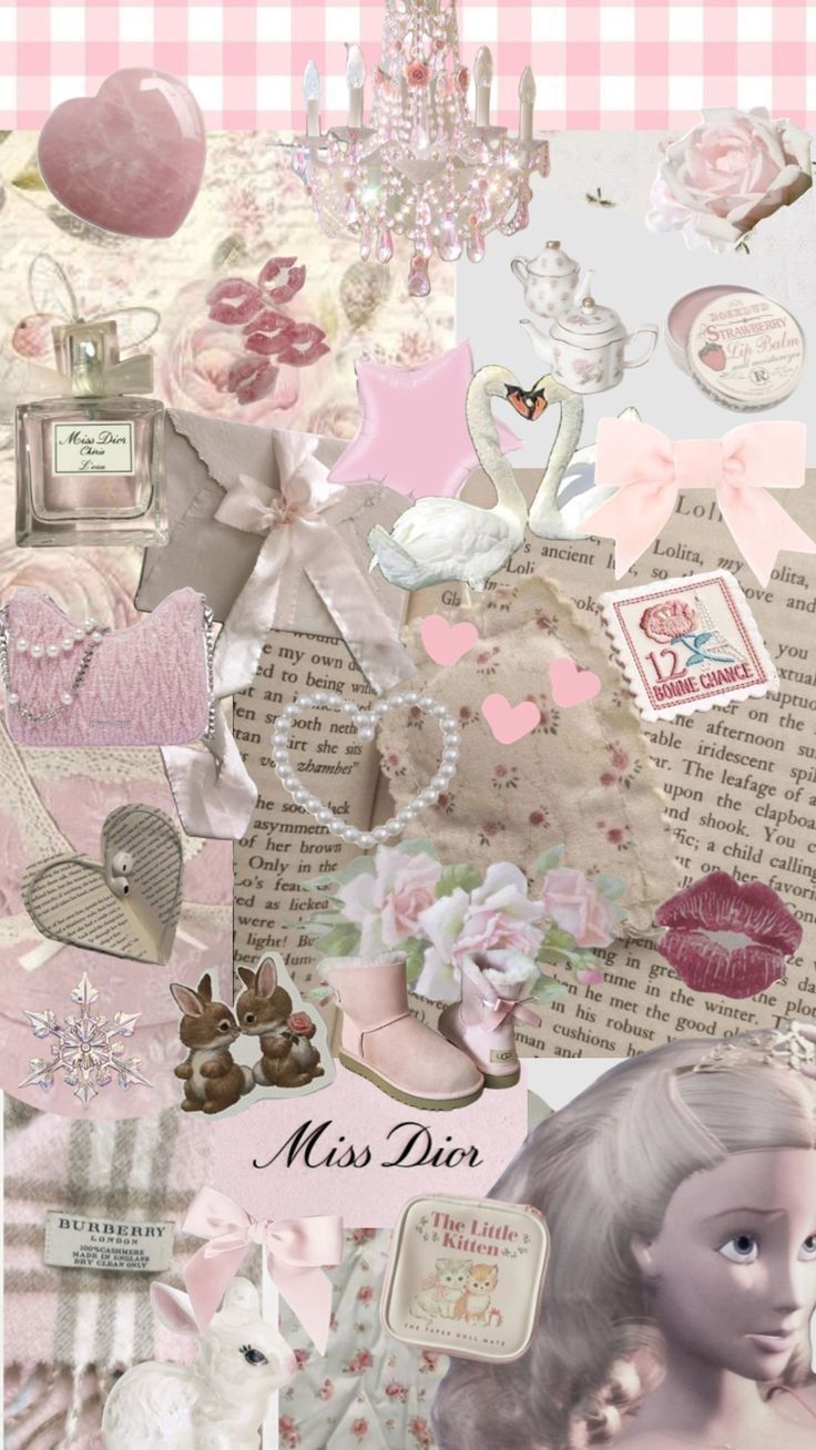 a collage of pink and white items with the words miss dior on it