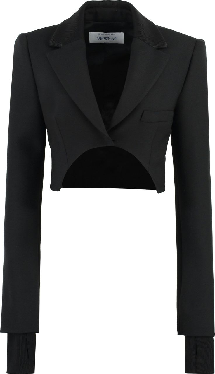 Step up your style game with this chic and edgy cropped jacket in a classic black wool blend. Featuring a single-button closure, faux welt pocket, and rib-knit cuffs with thumb holes, this jacket is a must-have for any fashion-forward individual. Classic lapels Front single-button closure Faux welt pocket on chest Rib-knit cuffs with thumb holes Rib-knit detailing on collar | Off-White Women's Asymmetrical Cropped Jacket in Black | Size IT 42 | OWEF108S23FAB001 Elegant Asymmetrical Blazer For Party, Elegant Asymmetrical Blazer For Business, Elegant Asymmetrical Evening Blazer, Fitted Asymmetrical Blazer For Evening, Asymmetrical Fitted Evening Blazer, Asymmetrical Fitted Blazer For Parties, Fitted Asymmetrical Blazer For Parties, Asymmetrical Fitted Party Blazer, Fitted Asymmetrical Party Blazer