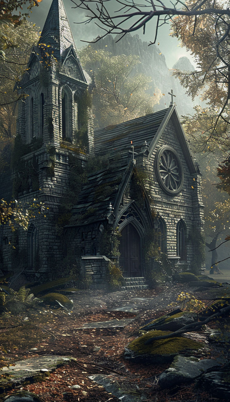 an old church in the middle of a forest with lots of trees and leaves around it