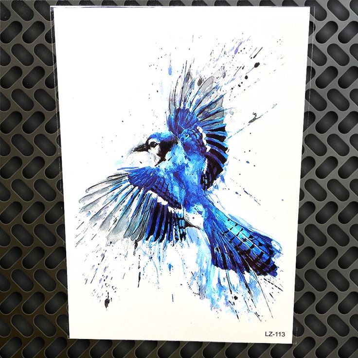 a painting of a blue bird on a white paper with holes in the back ground