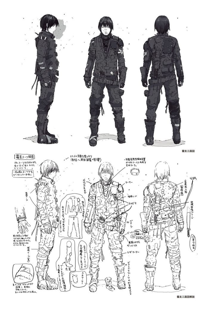 three different views of an anime character in various poses and postures, including the headgear