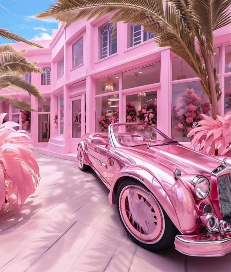 a pink car parked in front of a building with palm trees on the side walk