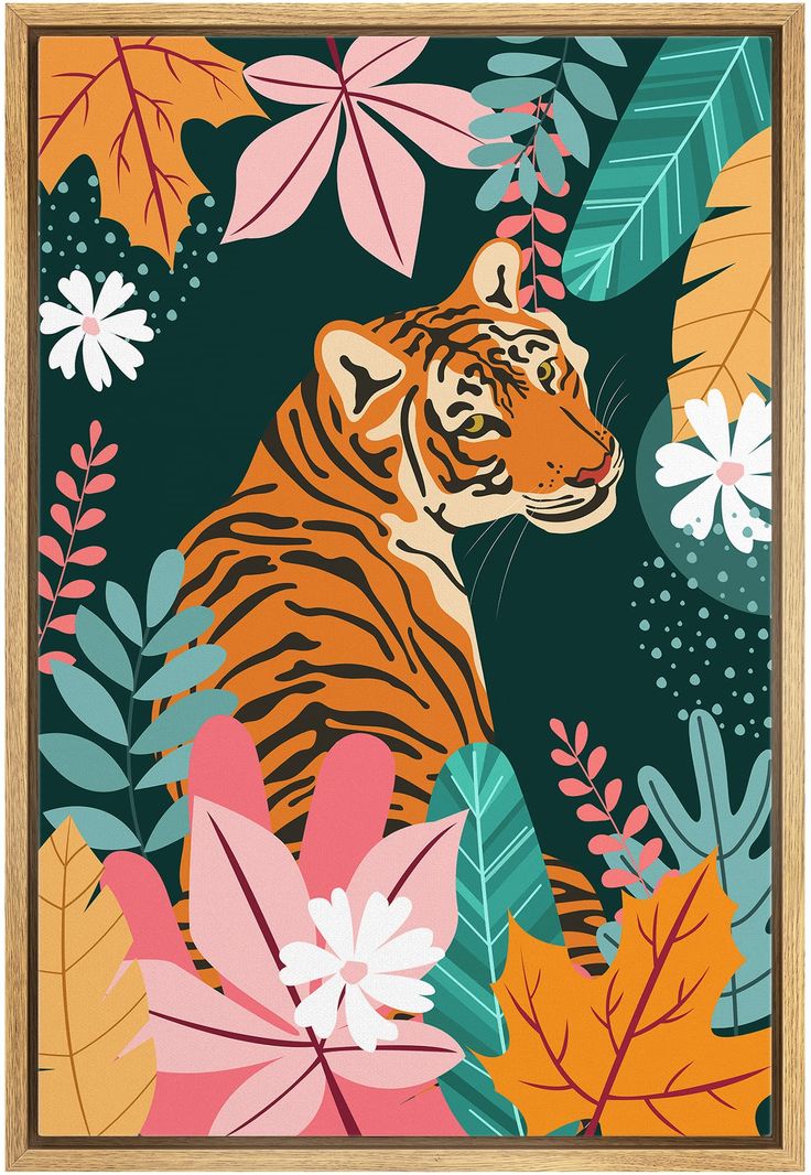 a tiger surrounded by tropical leaves and flowers