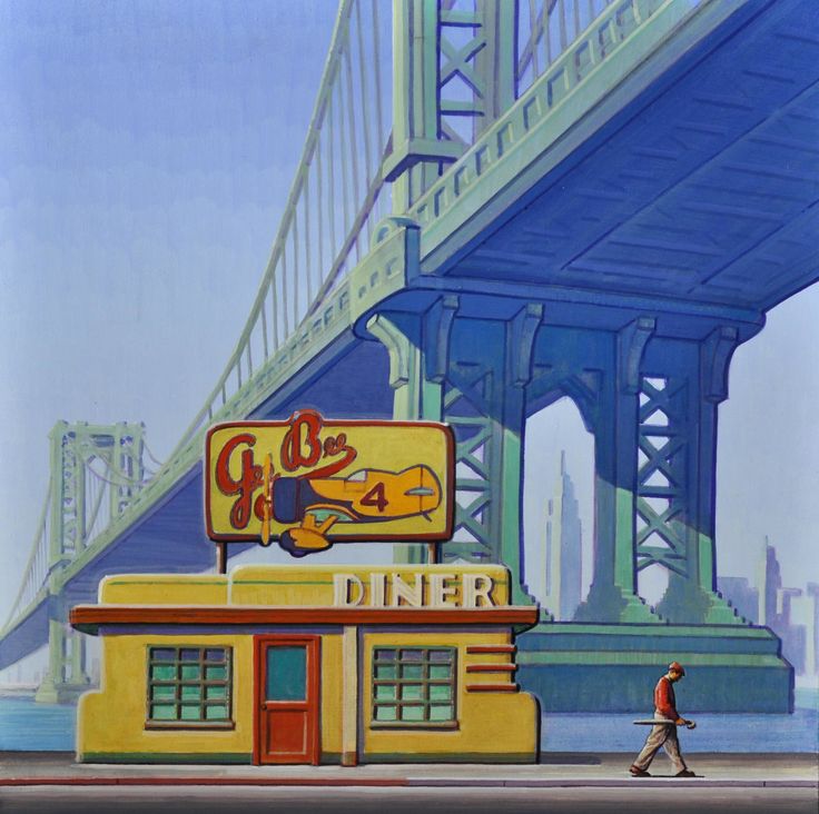 an oil painting of a diner in front of a bridge with a man walking past it