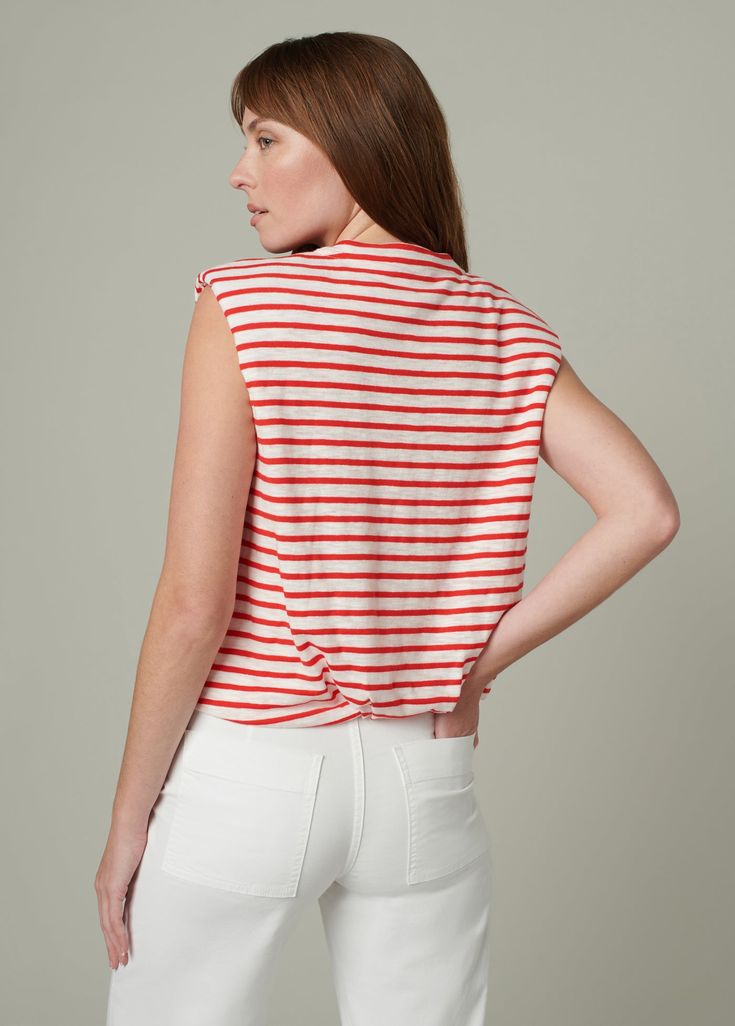 This sleeveless tee is the perfect throw-on for warmer weather. With pronounced shoulder structure, a bubble hem and striped design, the Arden Slub Sleeveless Tee is a contemporary essential.75% COTTON, 25% POLYESTERModel is wearing size S White Striped Hem Tops For Spring, White Tops With Striped Hem For Spring, Casual White Tank Top With Contrast Stripes, Casual Sleeveless Top With Contrast Stripes, Chic Summer Tops With Contrast Stripes, Summer Striped Hem Tops For Day Out, Summer Tops With Striped Hem For Day Out, Casual Summer Top With Striped Hem, Casual Striped Hem Summer Top