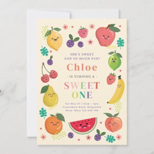 a card with fruit and vegetables on the front, says'she's sweet and so much fun it's turning a sweet one