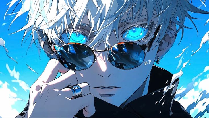 an anime character with blue eyes wearing sunglasses